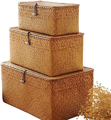Najer Rectangular Handmade Seagrass Baskets with Lids，Multifunctional Storage Solution，Ochre