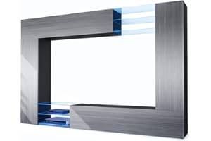 Vladon Wohnwand Mirage, Made in Germany, Anbauwand mit Rückwand mit 2 Türen, 2 Klappen und 6 offenen Glasablagen, Schwarz matt/Avola-Anthrazit, inkl. LED-Beleuchtung (262 x 183 x 39 cm)