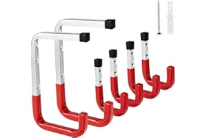 Sinoer Wall Ceiling Mounted Garage Storage Hooks, Heavy Duty Large Utility Hangers Organizer Metal Hook forGarden Tools, Ladders,Bikes,Chairs, Hose and Bulky Items(6Pack, Red)