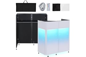 Kokorona Portable DJ Booth 108 x 51x 115 cm with Dual Top Corners, DJ Facade Booth with Cable Hole, DJ Table Stand with Light Strip and Remote Control, Metal Frame + Black & White Scrims + Carry Bag