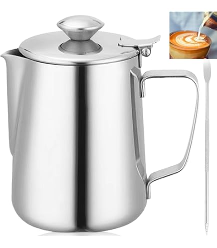 BESTonZON Milchkännchen Aus Edelstahl 304 - 350ml, Mit Deckel, Perfekt Zum Aufschäumen Für Cappuccino, Latte Art, Für Zuhause & Café