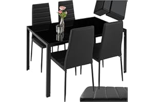 tectake Essgruppe Set Tisch und Stühle, Esstisch und 4X Stuhl, strapazierfähiges Kunstleder, Tischplatte aus Sicherheitsglas, Küchenstühle modern, Küche - schwarz