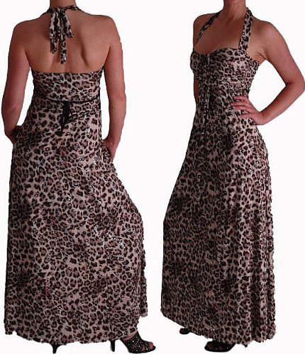 EyeCatchClothing - Leopard Print Sequin Slinky Full Length Maxi Halter Neck Dress L/XL