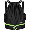 RYACO Drawstring Backpack Sports Gym Bag, Water Resistant String Sackpack Large Size with Zipper and Water Bottle Mesh Pockets for Gym Shopping Sport Yoga School Swimming Beach