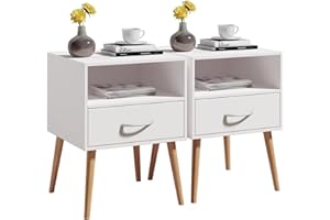 JOOLI H Joolihome Wood Bedside Table Set of 2 Cabinet Storage Nightstands 1 Drawer with Metal Handle, 42 x 42 x 56 cm (White, 2)