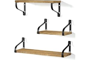 Love-KANKEI Rustic Shelves, Decorative Wall Shelf Set of 3, Floating Shelves for Bathroom, Bedroom, Living Room,Kitchen, Office and More, Carbonized Black