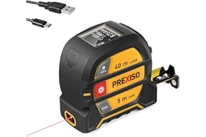 PREXISO Misuratore di Distanza Laser 2 in 1, Metro di Nastro Laser Ricaricabile, 40m Misuratore Laser e 5m Metro a Nastro, Retroilluminazione LCD M/In/Ft, per Misurare Lunghezza, Area e Volume