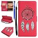 Produktbild FESELE Dreamcatcher Schutzhülle für [Huawei Mate 8] Feder Traumfänger Prägung Brieftasche Hülle Leder Flip Case Handyhülle mit Magnetverschluss, Huawei Mate 8 Card Slot Vintage Series Wallet Cover Ledertasche Leder-Mappen-Karten-Slot-Abdeckung im Bookstyle Ständer Kartenfach für Huawei Mate 8 + Blau Eingabestift Stylus Touch Pen-Traumfänger,Rot