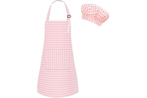 TOPWAYS Grid Kids Apron and Chef Hat Set, Adjustable Check Child Chef Aprons with 2 Pockets, Lattice Print Children's Apron for Kids Toddler Painting Baking Cooking Artist