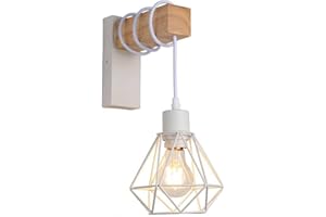 B·LED BARCELONA LED Aplique de pared vintage en diseño industrial, lámpara retro de acero y madera, color Blanco, marrón, casquillo E27. Lámpara de pared dormitorio, sala de estar, comedor