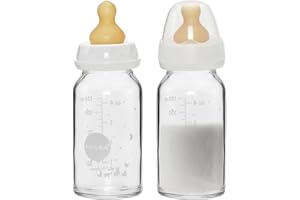 HOFFIHEARTS HEVEA Standard Hals Glasflasche Baby- Langsame Strömung Anti Colic Babyflaschen Neugeborene 0+ Monate - BPA-frei, Zweierpack (120 ml)