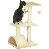 PawHut Cat Scratching Tree Medium Tree for Cats 3 Levels Cream | Arched Scratching Mat, 2 Platforms, Sisal Posts, Hanging Bal