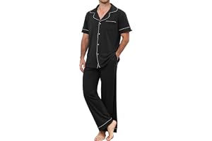 TeJoyce Pyjamas för män i bomull, herrpyjamas tvådelat set med korta ärmar med knappar V-ringad och långa byxor och fickor fö