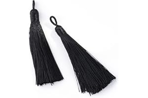 QPSUPPLIES 5 x Black Silky Soft 8cm-9cm Tassels with Hanging Loops for Bookmarks Jewellery Keychains Pendant Decoration Crafts