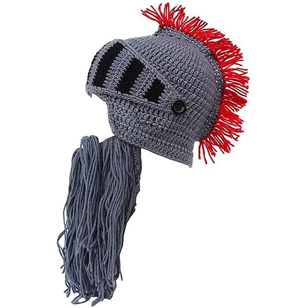 YEKEYI Barbaren-Bartmütze Mit Abnehmbarem Bart – Gestrickte Perücke Für Cosplay, Ritter-Helm-Look, In Rot (Größe 58)