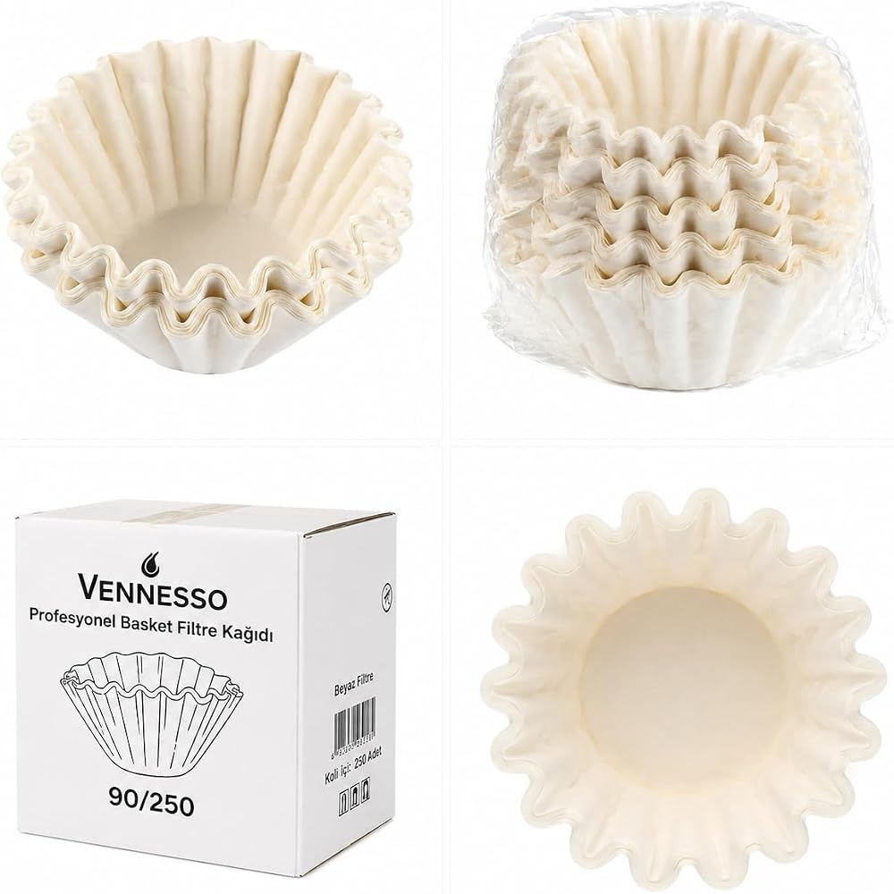Vennesso Basket Tipi Kahve Filtre Kağıdı 250 Adet 90/250 | Ticari Boy, Güçlü Filtrasyon, Beyaz Renk, Profesyonel Kullanım