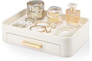 GORESE Valet Tray, Leather Jewellery Tray with Drawer Office Desk Storage Box, Bedside Trays, Vanity Organiser, Trinket Trays, Decorative Trays for Keys,Watch,Stationery,Coins,Jewellery(Ivory White)