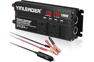 YINLEADER Power Inverter 12V to 240V 1500W 2 AC Sockets & 2 Cigarette Lighter Sockets Dual LED Display 4 USB Ports Car Converter