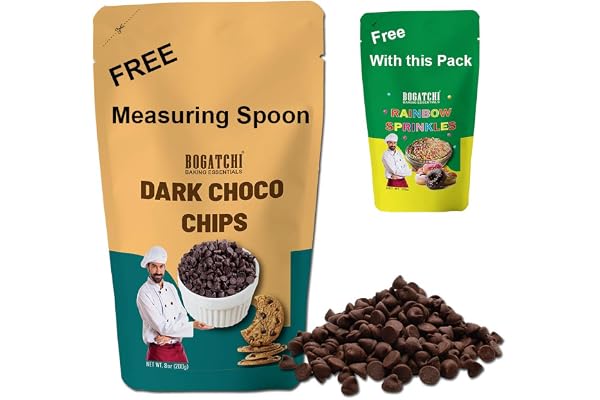 BOGATCHI Choco Chips for Baking, Chocolate Chips for Decoration Coffee, Ice Creams and Shakes, Dark Chocolate Chips, Dark Chocolate Baking Chips, Gluten Free and Tasty, 200g with Free Measuring Spoon