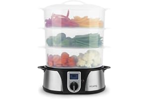 H.Koenig Cuiseur Vapeur Electrique VAP12 Multifonction 12L Programmable Compact Professionnel, 3 Paniers empilables amovibles pour Œufs Légumes, Bol cuiseur à Riz, Minuteur 60min, Bac à jus amovible