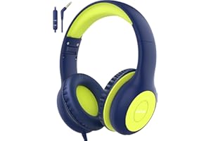 EarFun Kids Headphones, Foldable Headphones for kids, 85/94dB Volume Limiter, Sharing Function, Stereo Sound, Adjustable Headband, Wired Children Headphone with mic for School/Travel/Phone, Blue Lemon