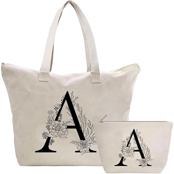Linnen Tas Met Initialen, Boodschappentas Met Letters en Bloemen, Katoenen Canvas Make-uptas voor Bruid, Bruidsmeisje - Cadeau-idee voor Moeder, Verjaardag, Bruiloft, H
