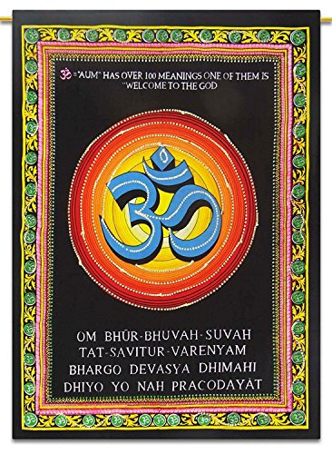 Sophia Art indù Holy aum arazzo con Gayatri Mantra fatto a mano dipinto di cotone indiano OM Wall Hanging Bohemian poster