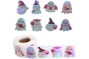 Penitue 500stk Halloween-Geister-Aufkleberrolle, Süßer Rosa Geist Selbstklebende Aufkleber für Partyzubehör Basteln Bonbontüten Wasserflaschen Laptops Sammelalben und Heimwerkerarbeiten (8 Designs)