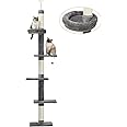 PAWZ Road Cat Tree 5-Tier Floor to Ceiling Cat Tower Height Adjustable, Tall Kitty Climbing Activity Center with Scratching Post, Cozy Bed, Dangling Ball for Indoor Cats/Kitten Grey