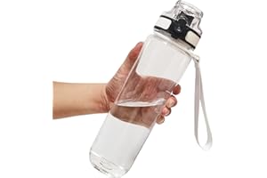 GearTek Tritan Clear Water Bottle | No Markings 1 litre 32 oz Sports Water Bottle with filter | Leak Proof Re-Usable Flip Top Plastic Drinks Bottles for School, Office, Gym, Cycling