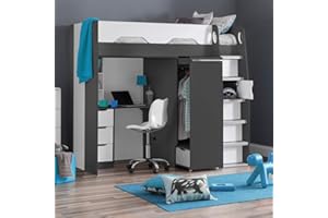 happybeds High Sleeper Storage Bed, Pegasus Grey Wood Modern Desk Wardrobe Drawers Cupboards Loft Bunk - 3ft Single (90 x 190 cm) Frame Only
