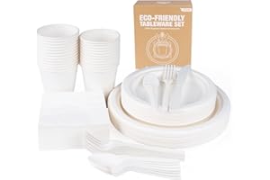 Anstore 200 Stück Pappteller Set Partygeschirr Kompostierbar Ökologisch Einweggeschirr, Umweltfreundlich Pappteller Kindergeburtstag für 25 Gäste, Pappgeschirr Set mit Teller, Holzbesteck, Trinkbecher