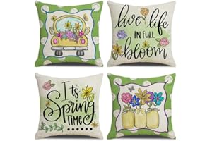 KSSKEN Federe Cuscini Divano 45x45cm, 4 Pack Cartone Animato Verde Fodere Cuscino per Divano Cotone Biancheria Decorativi Copricuscini per Divano Soggiorno Sedia Letto