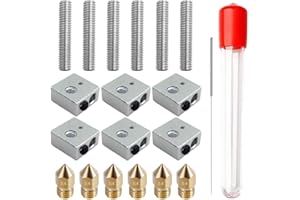 AFUNTA 6 Sets/18 Stück 3D-Drucker 0,4 mm MK8 Edelstahl Extruderdüse Druck M6 Kopf & 1,75 mm 30 mm Länge Teflon Hals-Rohr & Heizblöcke Hotend, kompatibel MK8 Makerbot Reprap i3 / Anet A8 A2