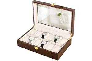 Guolich Caja de Almacenamiento de Relojes con Estuche para Exhibición de Relojes Organizador de Colección de Pulseras de Madera Maciza Marrón con Tapa de Vidrio (Marrón 12 Ranuras)