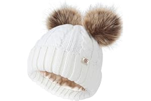 Creekstone Bobble Hat Satin Lined Winter Beanie Hats for Women Girls Warm Knit Hats with Faux Fur Double Pom Pom Ears