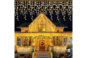 FULYBAO Outdoor Icicle Christmas Lights, 5M 216 LED Waterproof Warm White Icicle Lights Outdoor with Timer 8 Modes Mains Powered, Hanging String Fairy Lights for Outside House Roof Balcony Xmas Decorations