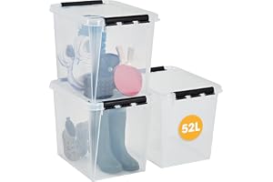 SmartStore 52 L genomskinliga förvaringslådor i plast med lock, 3-pack, förstärkta, 10 års garanti, livsmedelssäker, clips, s