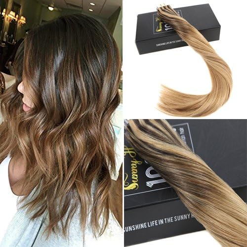 Sunny Remy Human Hair Darkest Brown #2 mix Darkest Blonde #14 Straight Glue in Skin Weft Hair Dye for Dark Hair 22 inch 50g