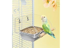 MISYUE Bird Cage Seed Catcher Feeder with Perch and Anti-Slip Stand, Parrot Food Bowl for Medium Birds, Conures, Caiques, Small Cockatoos (L)