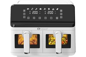 PureMate 9L Dual Air Fryer with Digital Display, Healthy Oil Free 2500W Air Fryer with 8 Preset, LED One Touch Screen, Timer & Adjustable Temperature Control (9L(4.5L+4.5L) Dual Basket)