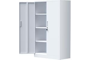 iJINGUR Metal Storage Cupboard with Locking Doors and 3 Adjustable Shelves, Lockable Steel Storage Cabinet for Home Office Garage Kitchen Pantry (White)