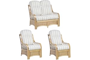 DESSER & CO LTD THE HOME OF RATTAN FURNITURE SINCE 1919 Desser Vale Conservatory Furniture Sofa & Chair Set Wicker Fully Assembled – Light Oak Cane Natural Rattan with UK Manufactured Cushions in Linen Taupe Fabric – Settee & 2x Armchairs