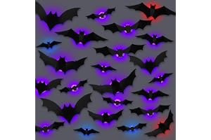 Halloweendekoration,24 stycken LED-fladdermusdekoration 3D LED fladdermuslampor lila halloween dekoration inomhus utomhus trä