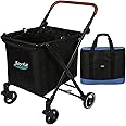 Joyka Foldable Shopping Cart Shopping Trolleys 85 Liters Capacity with Cooler Bag Rolling Front Swivel Wheels and Height Adjustable Slider for Shopping Picnic Groceries Laundry Navy Blue