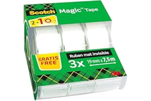 Scotch Magic Tape, Rouleaux de Ruban Adhésif Transparent avec Dévidoir, Lot de 3, Ruban de 19mm x 7.5m - Idéal pour le Bureau et l'École