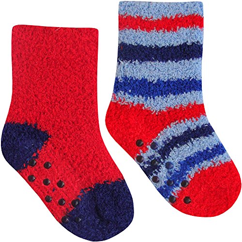 Baby Boy's Super Soft & Fluffy Cozy Gripper Socks (2 Pair Pack) (UK Infant Shoe 3-5.5 (Euro 19-22), Red & Blue)