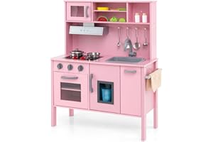 COSTWAY kuchnia zabawkowa dla dzieci z 18 akcesoriami, drewniana kuchnia dla dzieci z zlewem, mikrowfalą, kostkarką do lodu, piekarnikiem, kuchnia zabawkowa dla dzieci w wieku od 2 lat (Różowy)