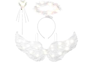 AUYAO Engel Kostüm Kinder Engelsflügel Weiß mit Heiligenschein LED Feenflügel Amor Kostüm mit Federflügel Engel Stirnband Feenstab und Aufkleber Feen Kostüm Cosplay für Halloween Karneval Geburtstag