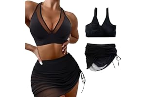 BAEIDO Womens Bikini Sets with Cover Up UK, 2 Piece Tummy Control Swimsuits, Black V Neck High Waisted Ladies Bathing Suit Swimwear